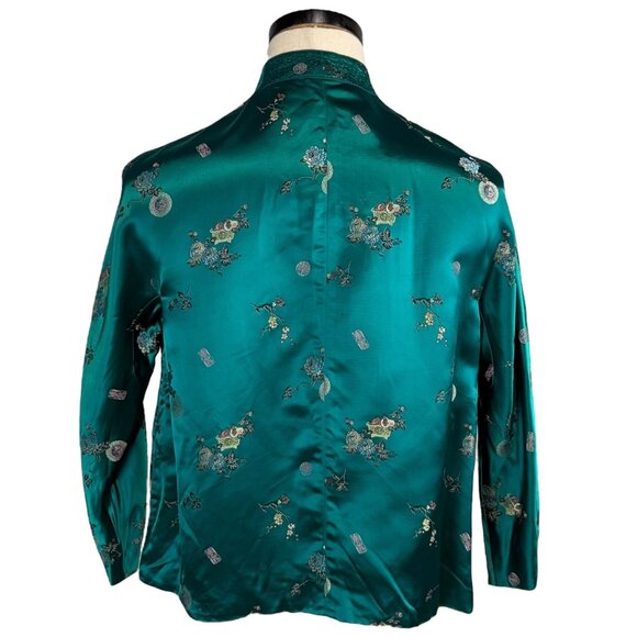 Vintage 1940s Emerald Green Satin Kimono Top Floral Embroidered Size 38 - Picture 3 of 9
